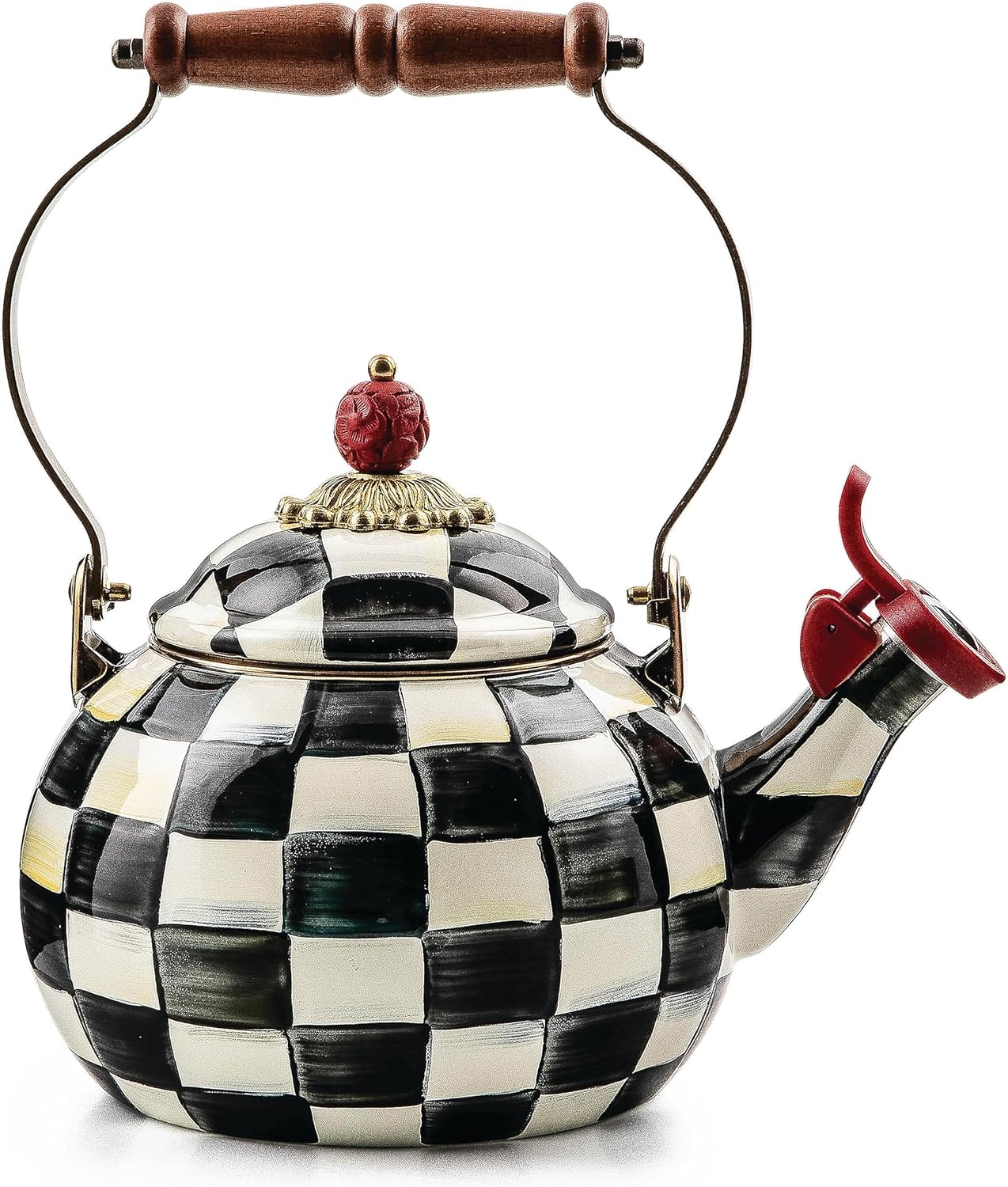 MACKENZIE-CHILDS Enamel Whistling Tea Kettle, Decorative Teapot for Stovetop, Brown-and-White Mocha Check