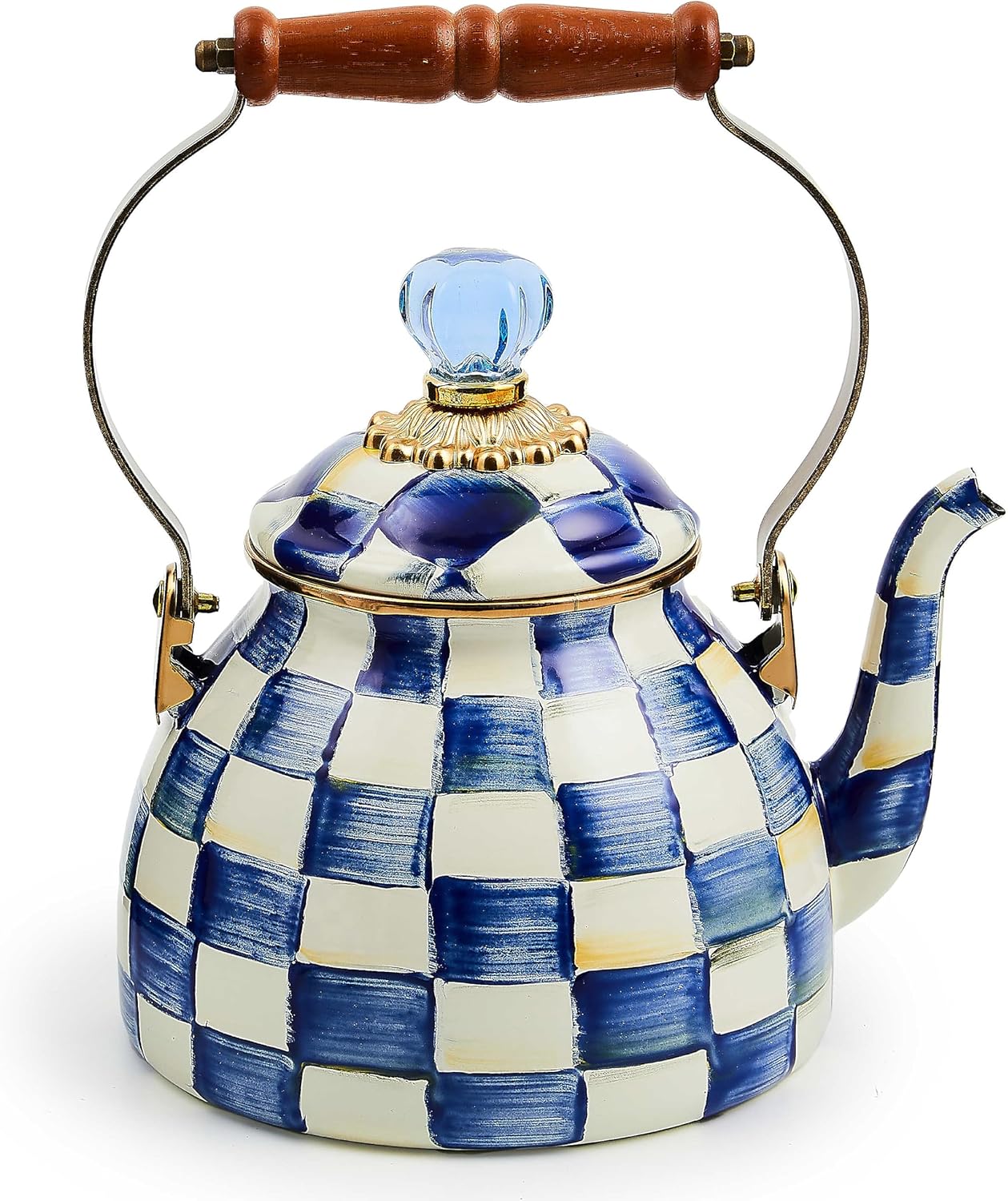 MACKENZIE-CHILDS Enamel Tea Kettle, Stylish Tea Kettle for Stovetop, Black-and-White Courtly Check, 2 Quarts