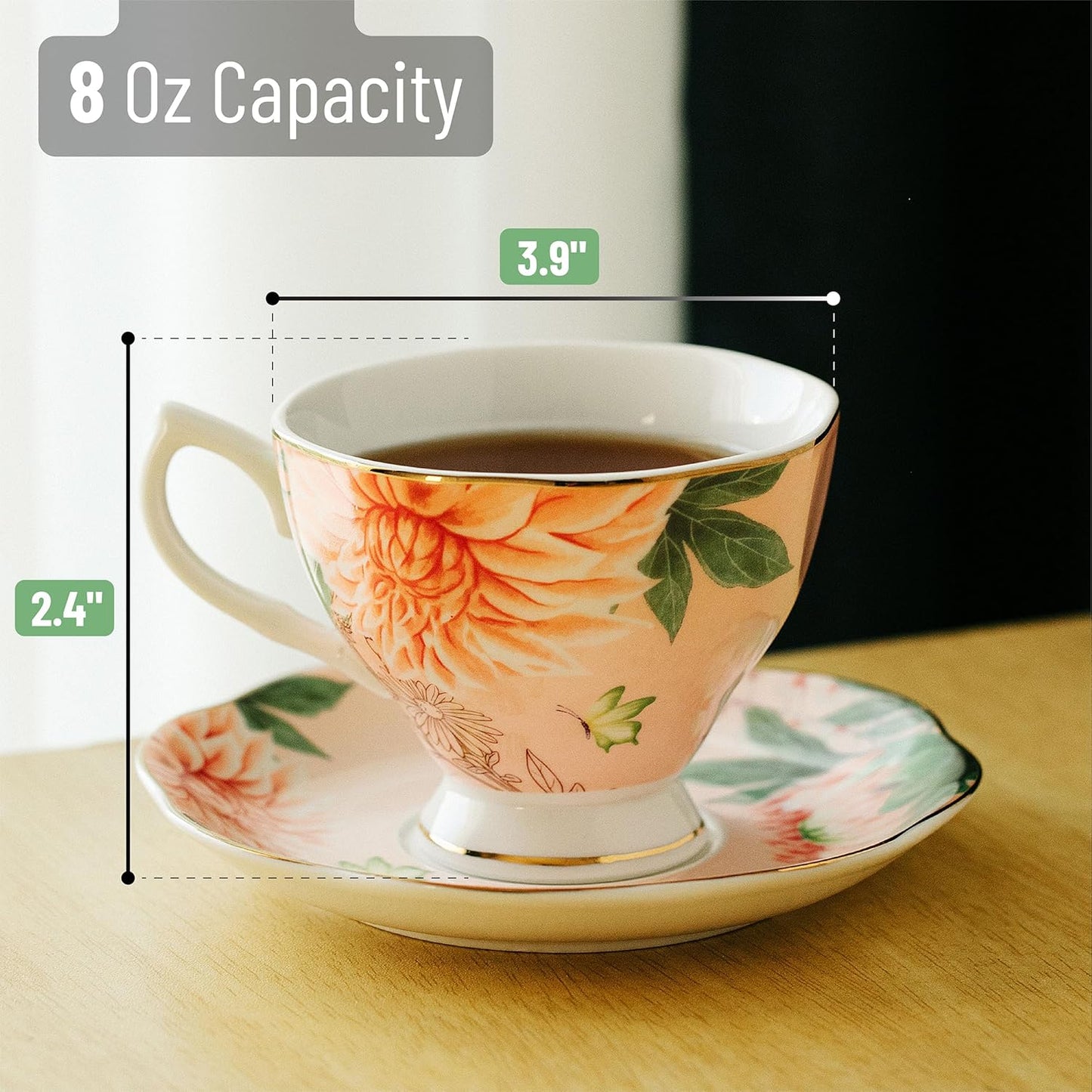 BTaT- Floral Tea Cups and Saucers Set of 6 (8 oz), Porcelain Tea Cups Set of 6, Pastel Flower Garden Design with Gold Trim, Dishwasher Safe